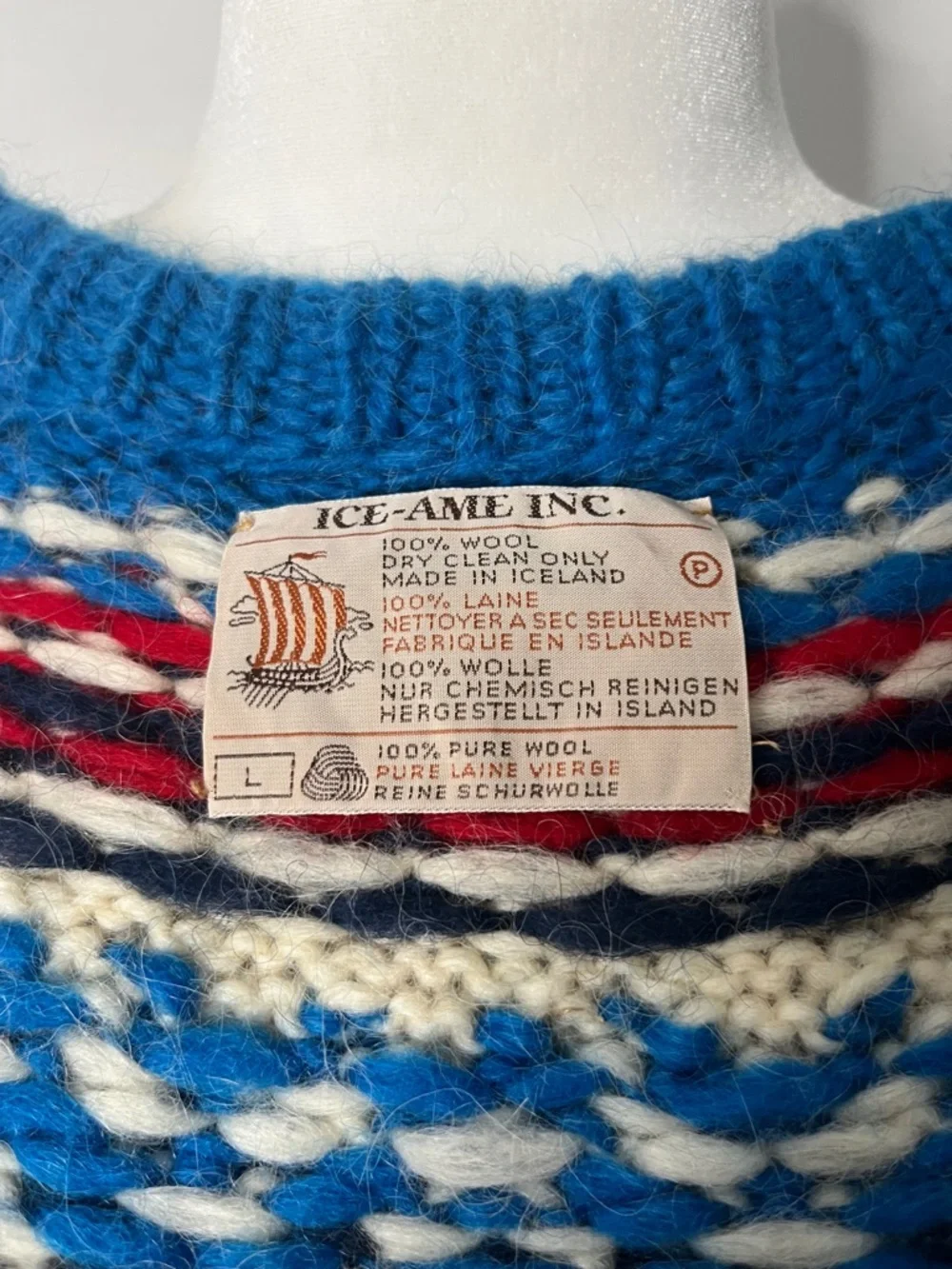 Icelandic 100% Wool Blue Fair Isle Women's Cardigan Sweater Chunky Knit Size L - Picture 7 of 7